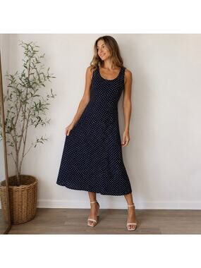 Sarah Chapman Polka Dot Midi Dress Navy White Sleeveless Y2K Sz L